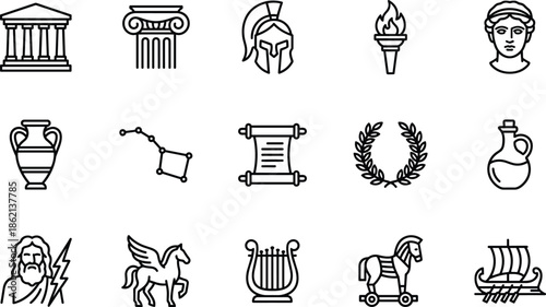 Ancient Greece mythology icons set, history vector, Zeus, Pegasus, Trojan horse, Spartan helmet, temple, pillar, laurel wreath, lyre, amphora, scroll.