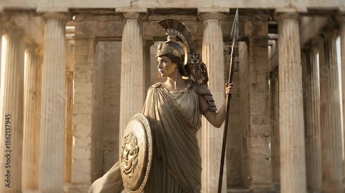 Ancient Greek Goddess Athena Warrior Portrait with Spear and Temple Pillars