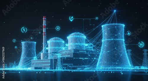 A futuristic, digital representation of a nuclear power plant with glowing, wireframe outlines and various icons representing energy, technology, and connectivity.