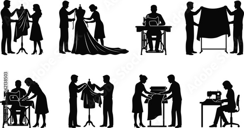 Black Vector Silhouette Collection of Tailors and Seamstresses Working on Sewing Machines and Fabric for Fashion Design and Dressmaking