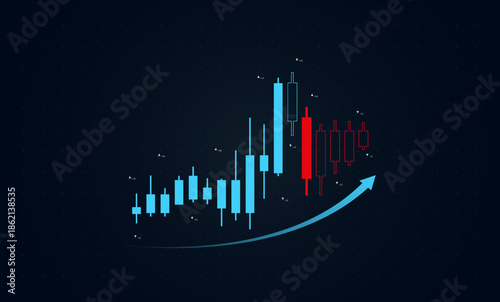 A modern price action chart with rising candlesticks and an upward trend arrow, symbolizing business growth. with Digital candlestick graph concepts