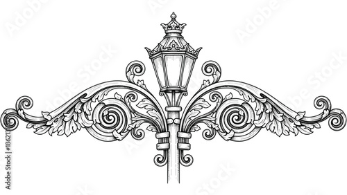 Ornate vintage street lamp illustration, decorative baroque lantern design, hand drawn line art, classic architectural lighting element vector isolated white