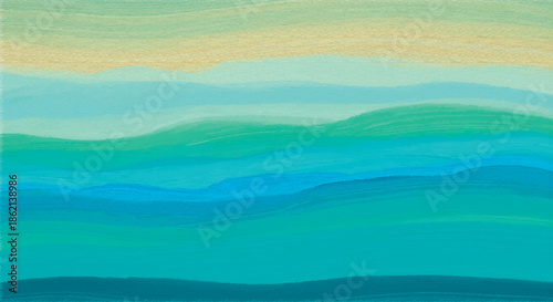 Abstract landscape painting with layered hues of blue, green, and gold