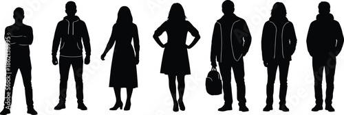 Set of standing people silhouettes, men and women group vector illustration, isolated black human figures row, casual fashion crowd collection.