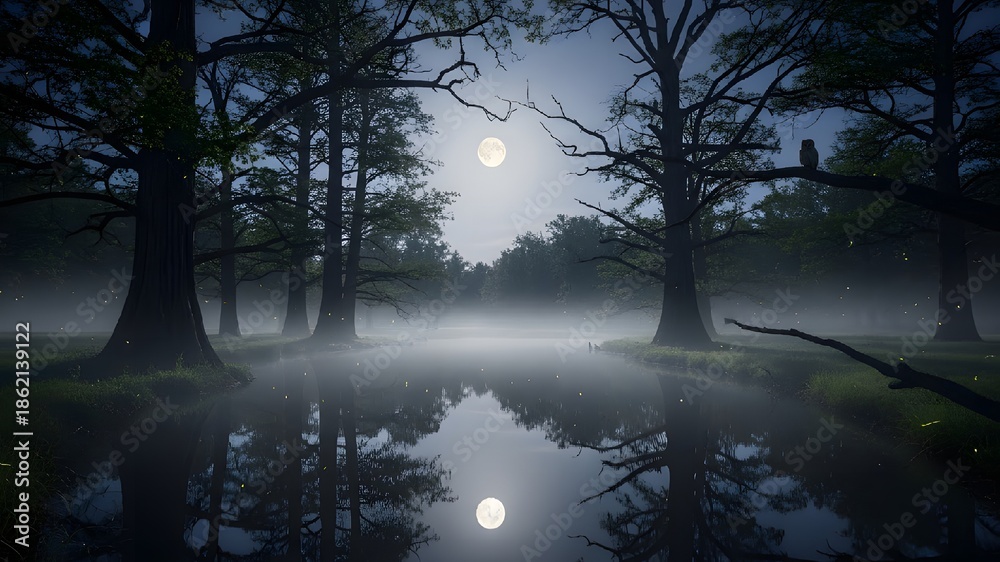Fototapeta premium Mystical forest moonlit reflection