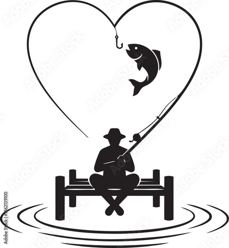 Fisherman sitting on wooden pier with heart shaped line silhouette and jumping fish illustration