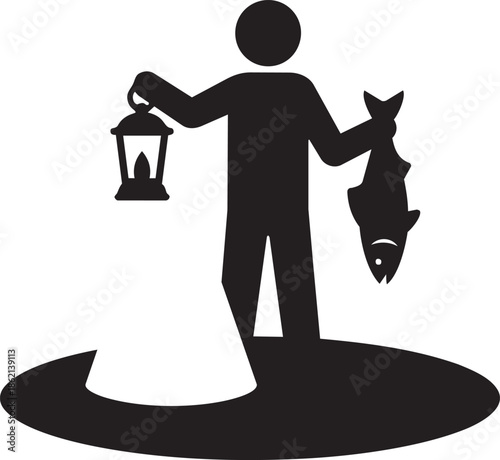 Fisherman standing holding kerosene lantern and successful catch fish silhouette isolated vector illustration design.