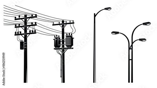 Utility poles and street light silhouettes, electrical power lines infrastructure, urban outdoor lighting, black vector illustration set isolated white
