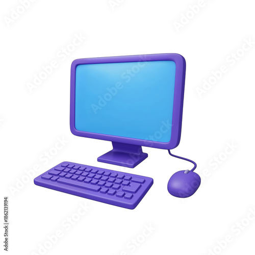 Purple computer monitor keyboard and mouse isolated on transparent background