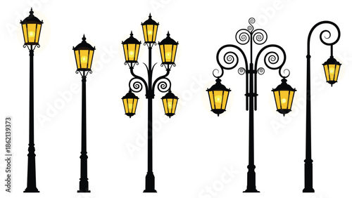 Vintage street lamp collection, glowing lanterns, decorative outdoor lighting, black silhouette vector illustration set urban exterior night illumination design elements