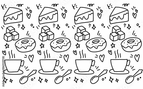 Seamless pattern background Food and ingredient kids hand drawing set illustration isolated on white background