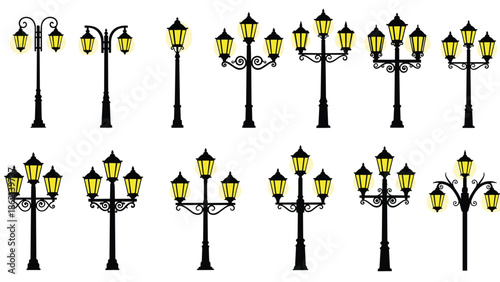 Vintage street lamp silhouette set, glowing lantern lights, classic ornamental lamp posts, decorative urban outdoor lighting collection isolated on white background