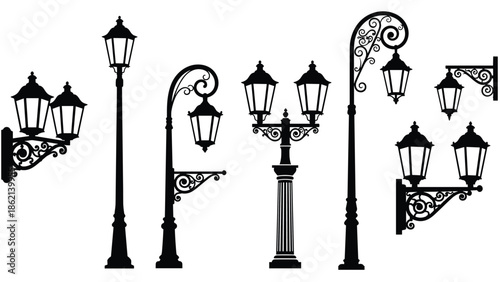 Vintage street lamp silhouettes set classic lantern designs decorative outdoor lighting black vector illustration collection urban architecture retro ornate exterior