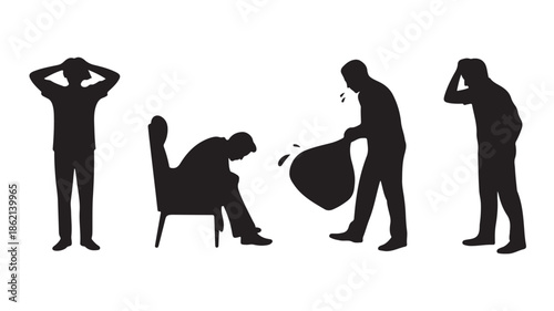 Black Silhouettes of People Experiencing Stress and Frustration in Office