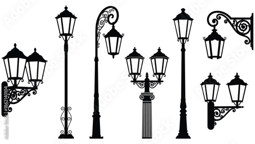 Vintage street lamp silhouettes, classic lantern set, ornamental iron lighting, urban exterior design elements isolated on white background illustration vector