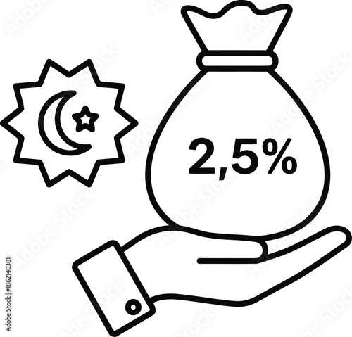 Islamic zakat obligation charity icon hand holding money bag 2.5% donation vector
