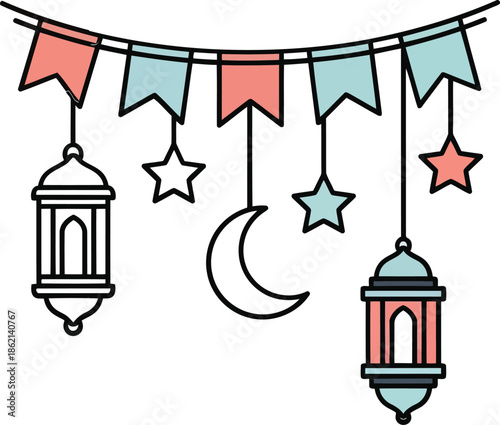 Ramadan kareem decoration vector illustration with lanterns, moon, stars, flags for islamic celebration