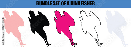 Kingfisher Perched Silhouette with Stylized Line Art Wings and Dotted Textures; Minimalist Outline and Dot Art Graphics of a River Bird for Creative Projects.