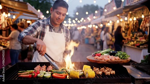 Chef grilling food outdoors at a market