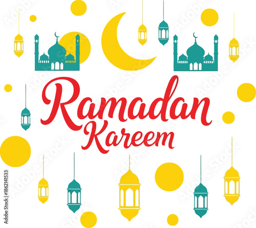 Ramadan kareem greeting card design with mosques, lanterns, and crescent moon