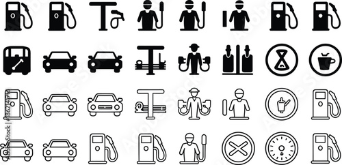Gas station and fuel icons with pumps cars and people Keywords: gas, station, fuel, icons, pumps