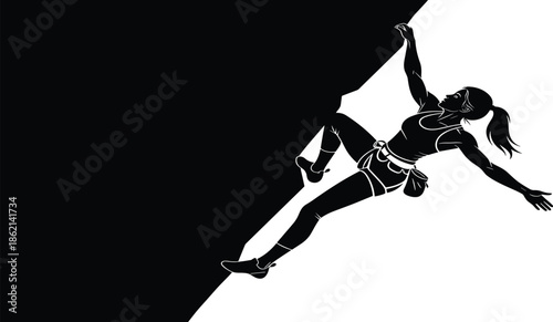 Rock climbing silhouette, overhang wall climber, extreme sport vector, dynamic ascent pose, outdoor adventure graphic, harness rope safety, black illustrationRock climbing silhouette