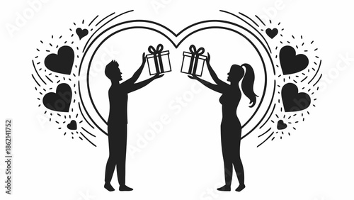 Couple Exchanging Gifts in Front of a Large Heart-Shaped Frame with Surrounding Hearts and Decorations
