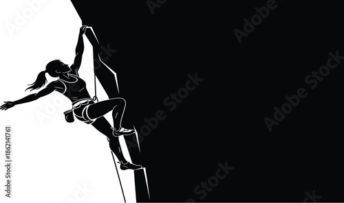 Rock climbing silhouette, adventure sport illustration, mountain climber vector, extreme outdoor activity, vertical ascent pose, black and white graphicRock climbing silhouette, adventure sport