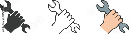Hand holding wrench in three different styles solid outline and color tool mechanic