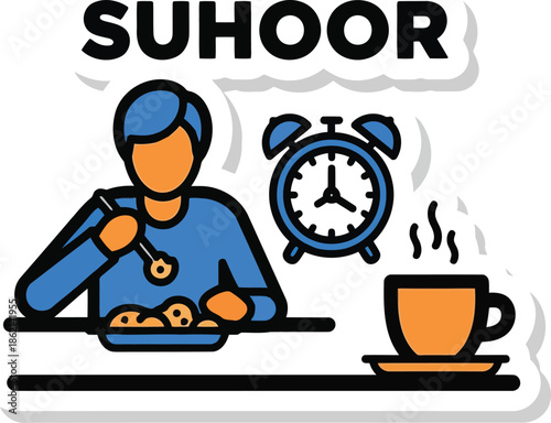 Suhoor ramadan pre dawn meal icon: eating before fasting with alarm clock & hot drink
