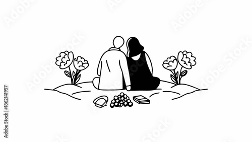 Couple sitting together surrounded by flowers and fruit in a serene landscape