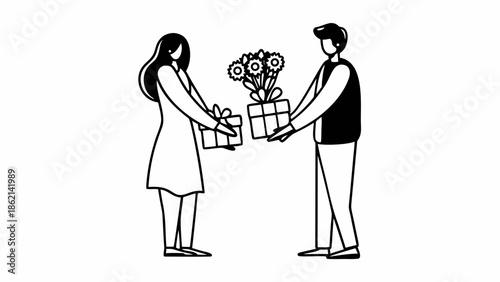 Man and woman exchanging gifts and flowers in a gesture of affection and appreciation