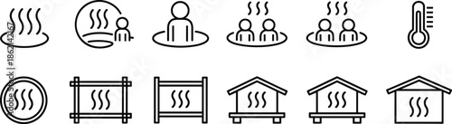 Hot Spring Icons Set Featuring Steam, People, and Buildings onsen bath