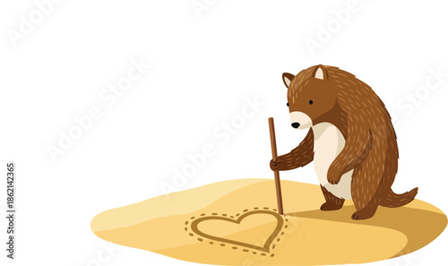 Brown bear gently draws a heart in sand for its little cub