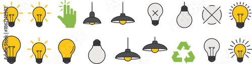 Light bulb and lamp icons with hand and recycle symbols Keywords: light, bulb, lamp, icon, set