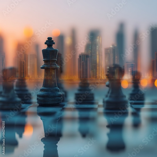 Wallpaper Mural A king chess piece stands prominently in the foreground, with a blurred skyline at dusk, evoking a strategic and urban atmosphere. Torontodigital.ca