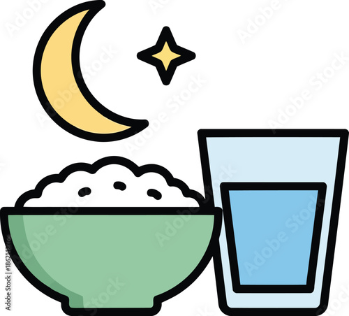 Ramadan iftar suhoor meal icon vector: food bowl, water glass, moon, star
