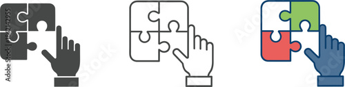 Puzzle pieces being assembled by a hand in three styles solid outline and color assembling