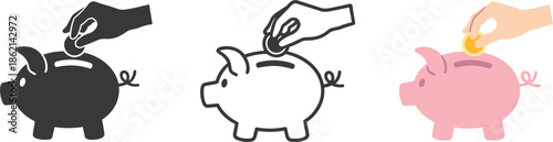 Piggy Bank Coin Insertion Icons in Black, Outline, and Pink Styles hand saving