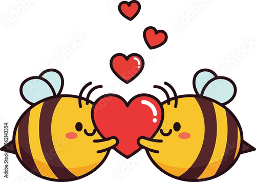 Cute cartoon bees couple holding red heart. sweet love friendship illustration vector graphic.
