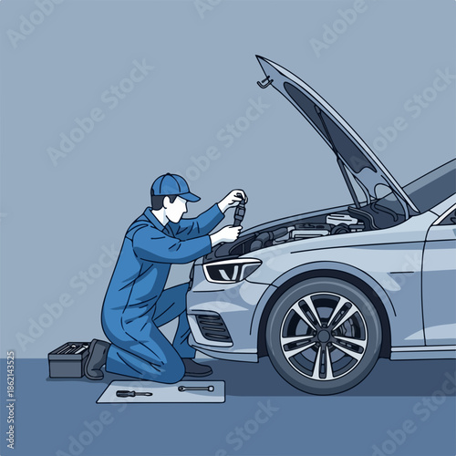 Man performing car repair service on modern vehicle, kneeling to fix engine under open hood. Auto mechanic works carefully with tools from toolbox, providing professional car repair service.