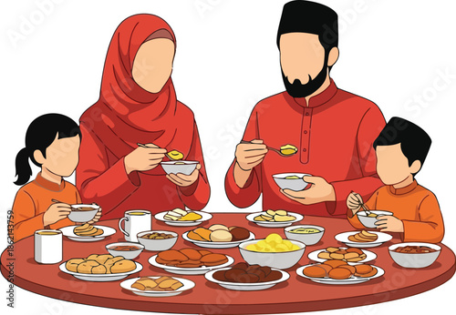 Happy muslim family eating iftar dinner during ramadan or eid al fitr celebration together