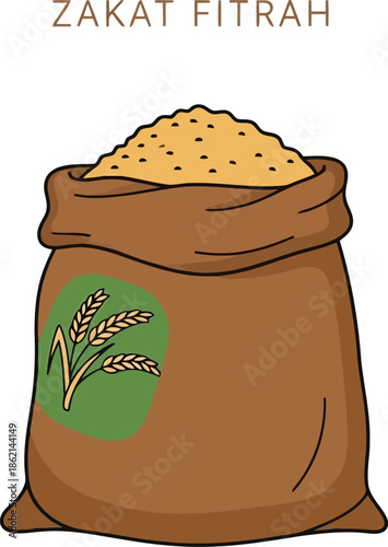 Zakat fitrah rice sack illustration: essential muslim charity donation for eid al fitr celebration