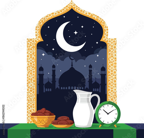 Ramadan iftar suhoor islamic celebration dates milk mosque night background
