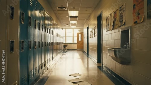 Empty School Hallway with Lockers and Sunlight Streaming Through a Window, Evoking a Sense of Loneliness and Abandonment