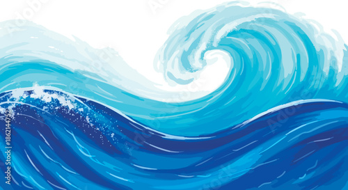 Stylized illustration of a powerful ocean wave, showcasing dynamic blue hues