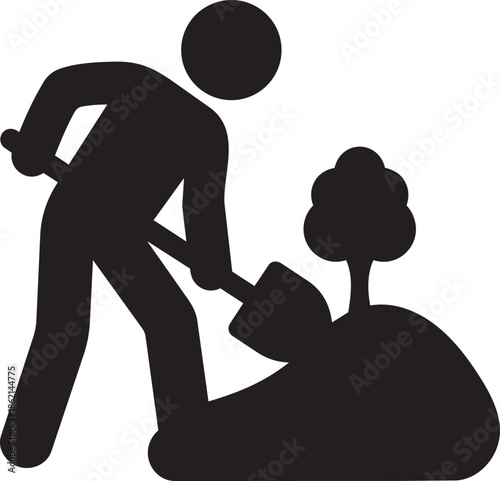 Man digging soil with spade for garden maintenance vector icon illustration on transparent back