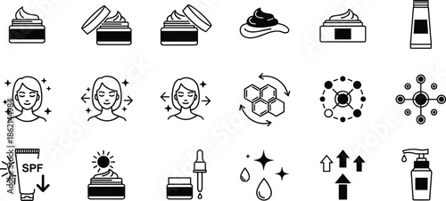 Collection of professional skincare icons featuring cosmetic cream jars, SPF sunscreen tubes, and anti-aging molecules