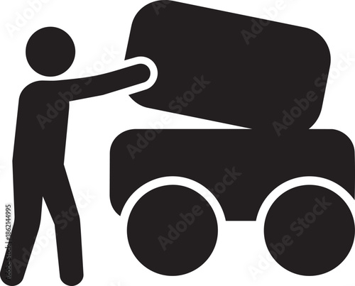 Person pushing wheelbarrow with large object, representing construction or moving goods