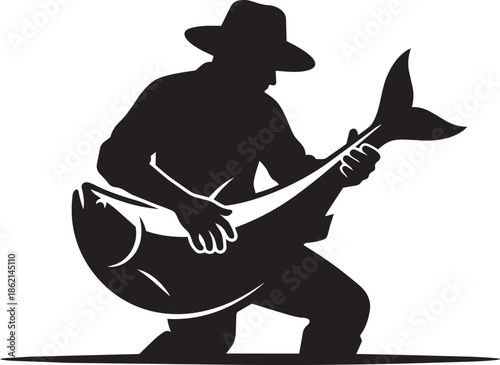 Professional angler kneeling while holding large trout trophy black silhouette vector background
